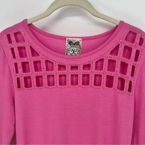 Vocal Top Womens Pink Long Sleeve Cut Out Neckline with Rhinestones Soft Stretch - Picture 6 of 10
